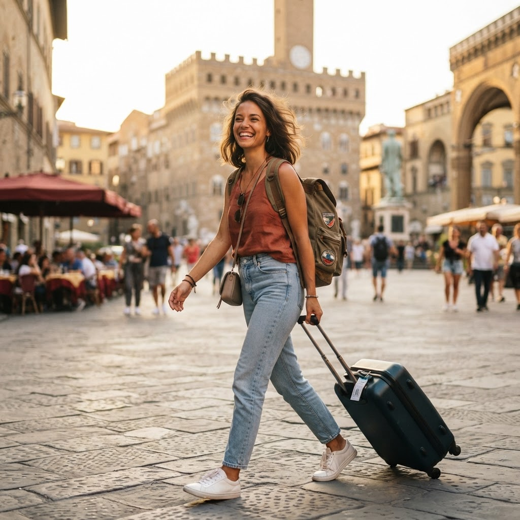 A traveler exploring a city hands-free after dropping off their luggage